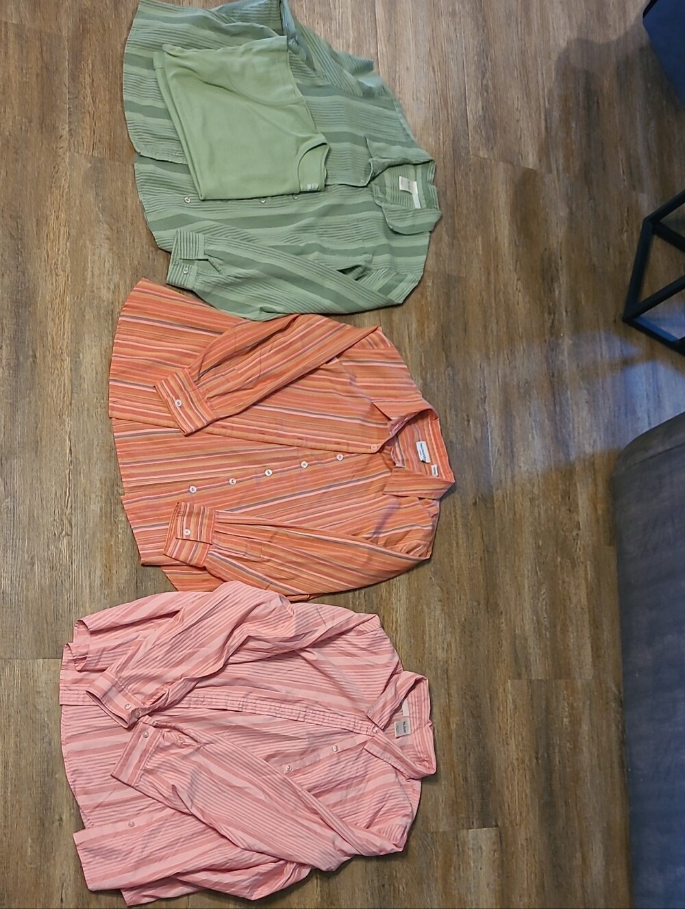 Three Striped Button-Front Blair Shirts Womans Tops Green, Coral & Pink 2XL.
